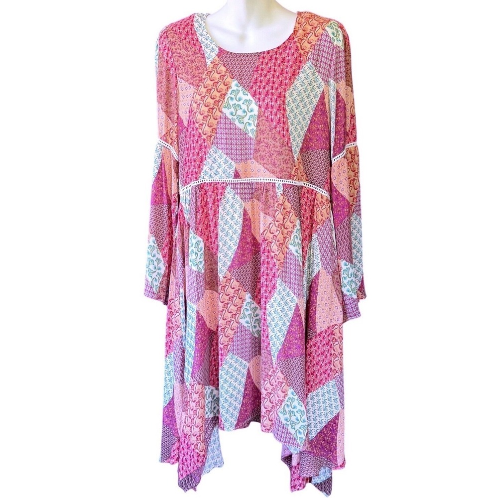 Nanette Lepore Patchwork Dress Bell Sleeve Mixed Print Boho Women 2